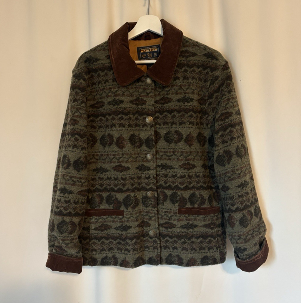 Vtg Woolrich Jacket Large Womens Green Wool Lined Pockets Velvet Edge